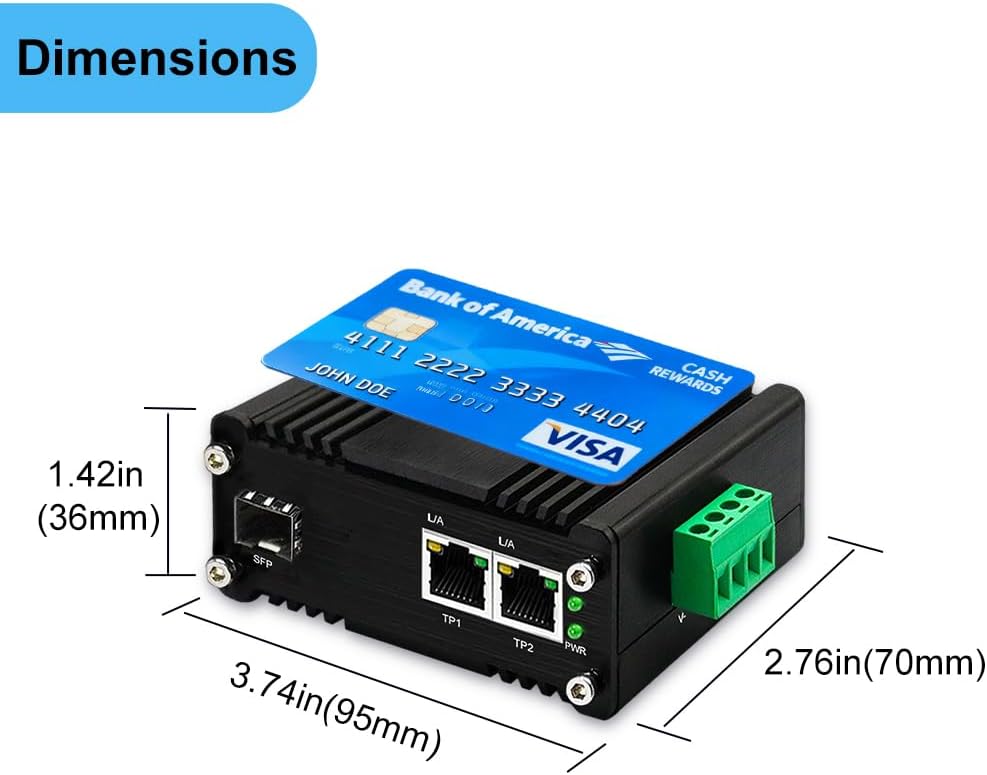 Industrial 2 Ports Gigabit Fiber Media Converter, DC12-48V SFP Ethernet Solar Switch 10/100/1000Mbps with 100/1000M Adaptive, IP40 Din Rail/Wall Mount Solar Power/RV Truck/VoIP