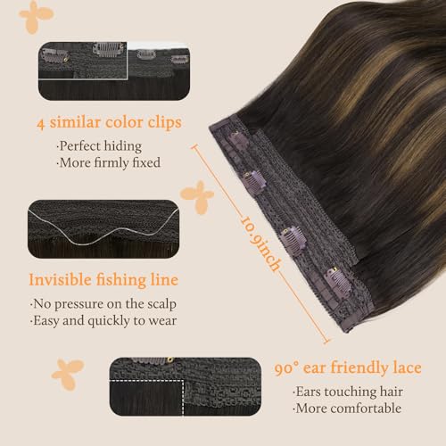 Image of DOORES Wire Hair Extensions 14 Inch 75g Remy Human Wire Hair Extensions Invisible Transparent Line Adjustable Hairpieces Secret Extensions Straight Hair Balayage Dark Brown to Chestnut Brown