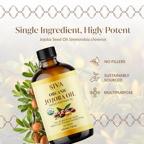 Image of SIVA ORGANICS Jojoba Carrier Oil with Dropper, 4 Fl Oz (118 ml) | Jojoba Oil for Skin Care, Facial Oil, Hair Care, Scalp Massage, Nail Care, Body Massage & DIY Beauty Blends, Glass Bottle