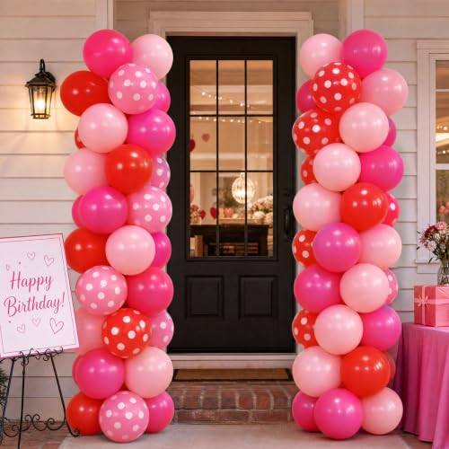 Image of TONIFUL 100 Pack Red Pink Polka Dot Latex Balloons - Sweet Berry Theme Balloon for Birthday Bridal Baby Shower Wedding Bachelorette Sweet 16 Party Decorations