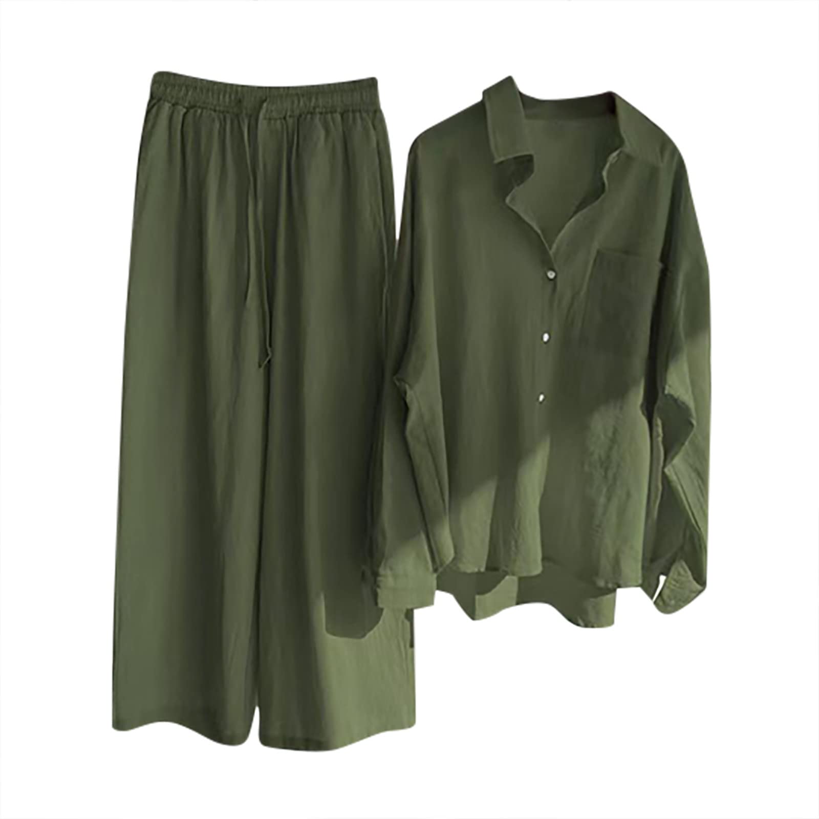 NUSGEAR 2023 Conjunto Dos Piezas Mujer Algodón lino Casual Camisa manga larga y Pantalones otoño Primavera Deportivo Traje Talla grande Suelto Conjunto Moda Color sólido Cómodo Casa Pijama Chandal
