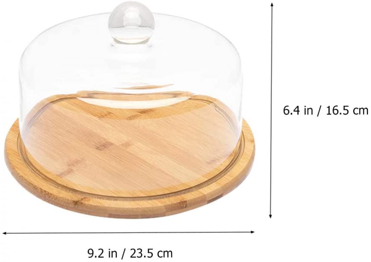 Kuchenglocke Kuchenglocke Glashaube Käseglocke mit Bambusteller Kuchenteller Haube Servierteller mit Glaskappe Holz - 23,5 x 23,5 x 16,5 cm