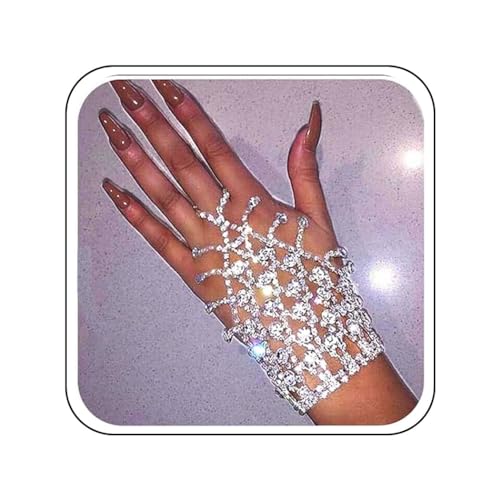 ACEDRE Rhinestone Ring Bracelet Silver Hand Chain Jewelry Sparkly Crystal Finger Bangles Costume Accessories for Women