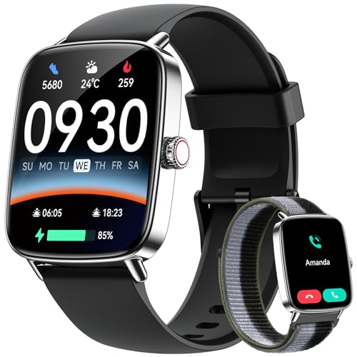 Smart Watch for Women Men, 1.85" HD AMOLED Fitness Tracker (Answer/Call) with 24/7 Heart Rate/Sleep/SpO2 Monitor for iPhone & Android, 120+ Sports Modes Smartwatch with IP68 Waterproof, 2 Bands