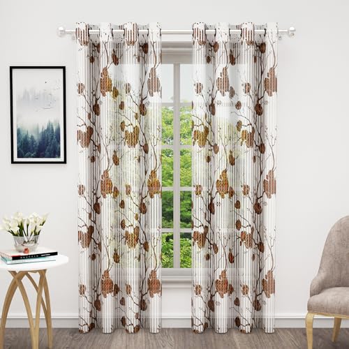 Image of Curtains 7 feet Long Set of 10 | Brown Transparent Sheer Curtain | Room Decoration Items for Bedroom | 215 x 118 cm | Floral Design Door Curtain | | Perfect for Home Decor