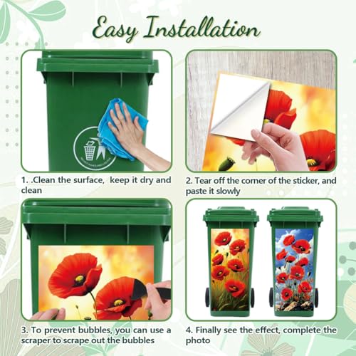 Image of Peacoblue Wheelie Bin Stickers 2 Sheets Papaver Rhoeas Sticky Dustbin Stickers Decals, 15 inch x 32 inch Waterproof Large Wraps for Trash Cans Bins Fridges Door Wall Garden Outdoor Indoor Patio Decor