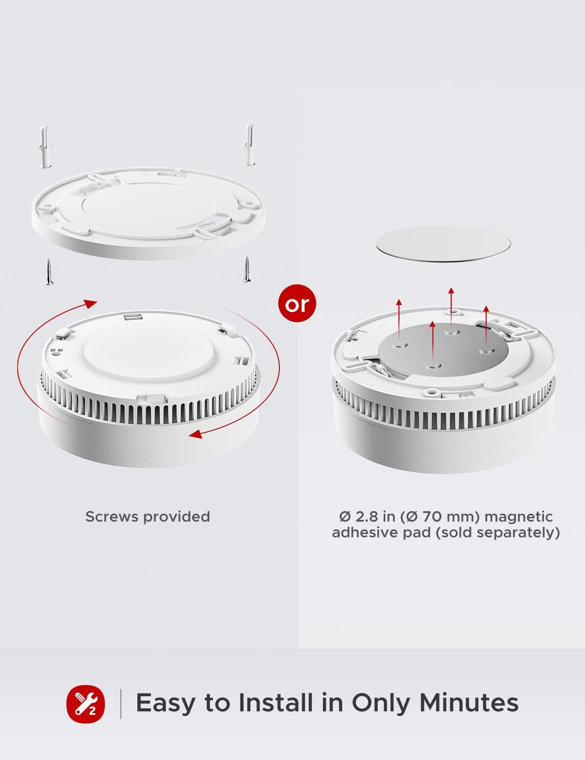 Diagrama que mostra dos mètodes d'instal·lació per a l'alarma de fum: un amb cargols i taps d'ancoratge i un altre amb coixinets adhesius magnètics.