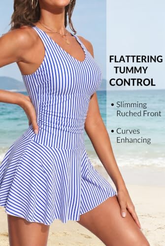 Image of Yonique One Piece Swimsuits for Women Modest Tummy Control Swimdress Vintage Bathing Suits Skirt Swimwear