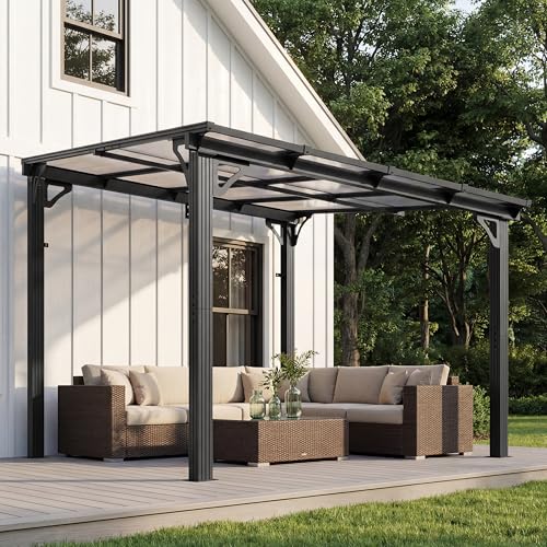 AirWire 10'x8' Wall-Mounted Lean to Gazebo with Aluminum Frame & Polycarbonate Panel, 8x10 FT Hardtop Pergola with Sloped Roof for Backyard, Porch, Deck