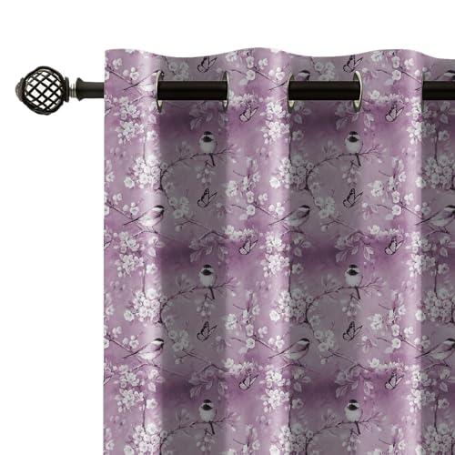 Image of LINENWALAS Printed Blackout Curtains for 5 Feet Window | Set of 2 | Charming Bird & Floral Drapes | Thermal Insulated, Room Darkening Panels with Grommet Hanging for Living Room (Lilac Blossom)