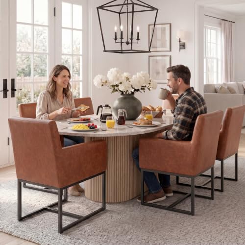 Image of HNY Mid Century Modern Upholstered Dining Chairs with Arms Set of 6, Faux Leather Accent Black Finish Metal Frame, 19'' Wide Arm for Living Room Kitchen Bedroom, Brown