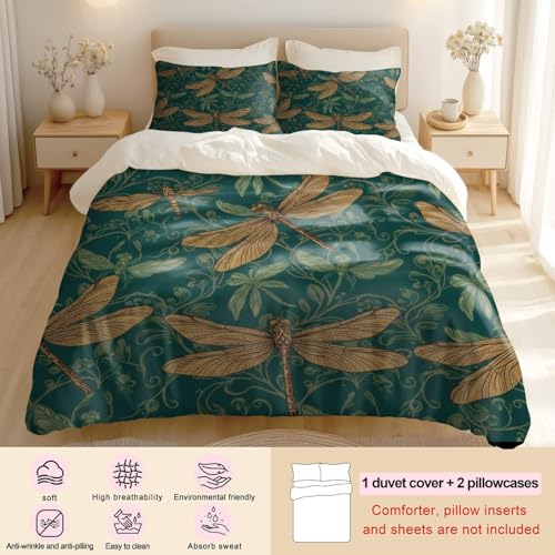 Housse de couette libellule dorée Art Nouveau 240x220 cm avec ses deux taies d'oreiller chic