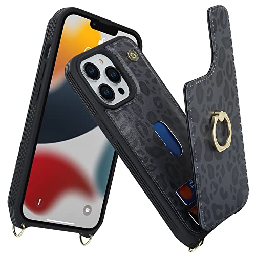 Image of for iPhone 13 Pro Max /iPhone 12 Pro Max Case with Card Holder for Women,Crossbody Strap Lanyard,Credit Card Holder,Ring Stand,Snap Clasp,Cute Wallet Case 6.7 inch (Black Leopard)