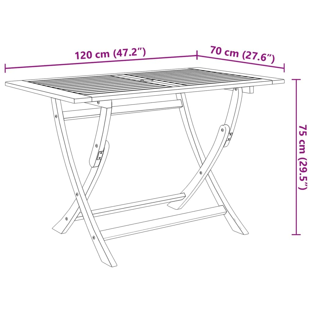 vidaXL Table de Jardin Pliable Table de Salle à Manger de Patio Meuble d'Extérieur Terrasse Véranda 120x70x75 cm Bois d'Acacia Massif