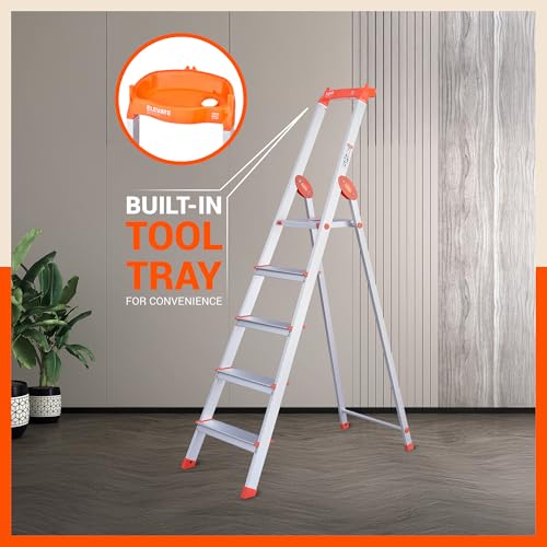 Image of Bathla Elevate 6-Step Foldable Aluminium Ladder for Home with Tool Tray | Anti-Skid | Durable, Heavy Duty, Safe & Stylish | 5-Year Warranty | Orange