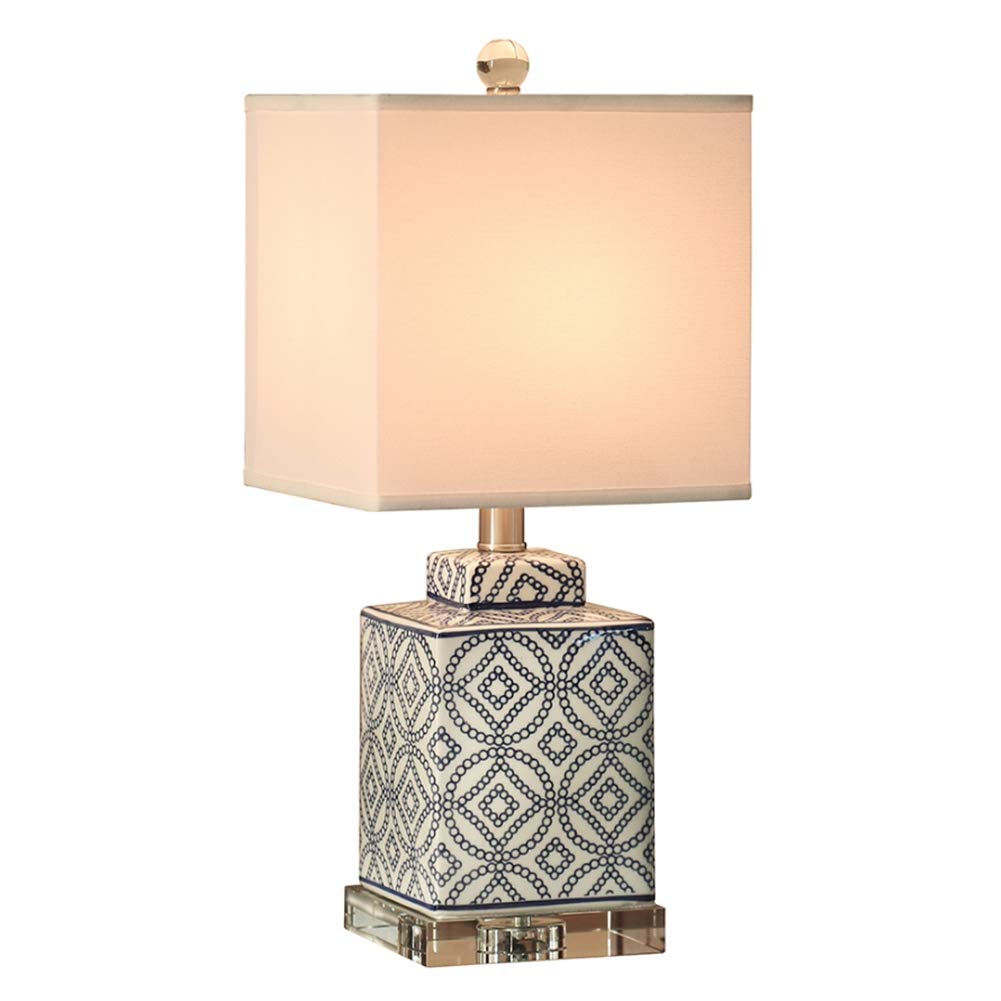 SGKOMN Desk Lamp E27 Light Fabric Shade Chinese Crystal Ceramic Table Lamp Dimmable For Study Office Living Room Bedroom Simple Modern Creative Bedside Reading Lamp