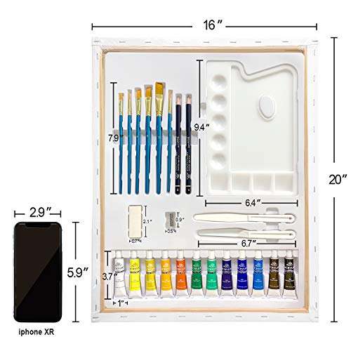 image for PHOENIX 30-Piece Canvas Painting Kit with 5 Pack 16x20 Inch Stretched 