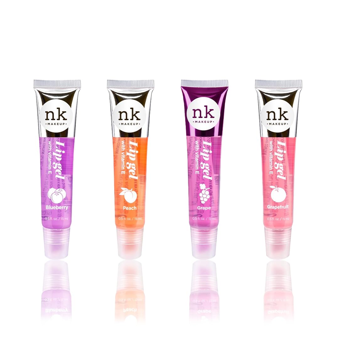 NK lip gloss gel 15ml Vitamin E, Shiny, Nourishes, Buleberry, Peach, Grape and Bubbgle Gum flavoured by Nicka K (Multi Pack Of 4).