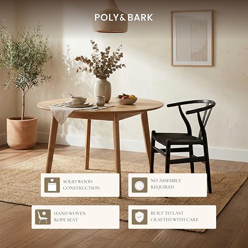 Image of Poly & Bark Weave Dining Chairs - Mid-Century Modern Wishbone Dining Chairs with Arms, Solid Wood Frame, Indoor Use - Pitch Black - Single - Ideal for Dining Room, Kitchen or Stylish Accent Setting