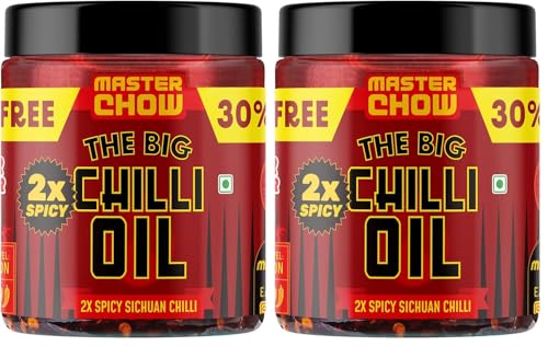 Image of MasterChow 2x Chilli Oil Spicy Sichuan Chilli Oil (450gms) - 30% Extra | Made with Sichuan Peppercorns, Crunchy Garlic & Red Chillies (Pack of 2)
