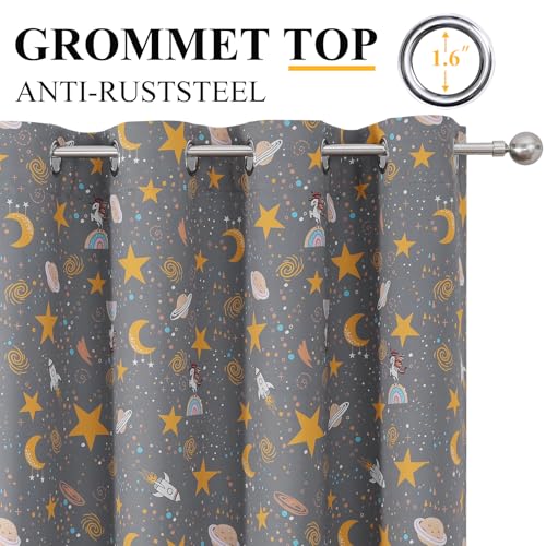 Image of Unicorn Planet Grey Room Darkening Curtains 96 Inch Length for Kids Bedroom