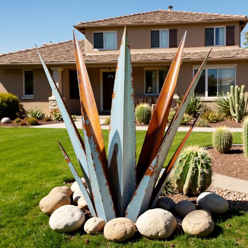 KODIBO 24 Large Metal Agave Plants Outdoor Decor Vintage Blue Tequila Rustic Sculpture Outdoor Statues Agave Metal Plants for Yard Garden Lawn OrnamentsArtisan Metal Agave Landscape Decor
