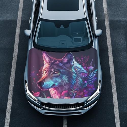 Image of Wolf Head Print Car Hood Cover Elastic Polyester Cover for Car Hood Washable Automotive Accessories Easy Installation for Car Hood Protection and Decoration