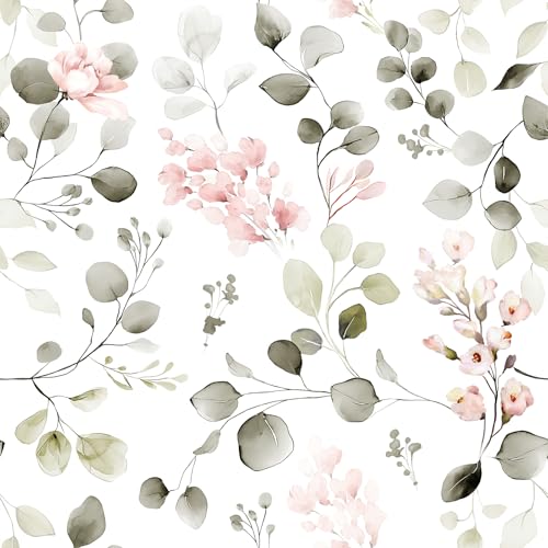 VEELIKE Soft Gray & Dusty Rose Eucalyptus Leaf Peel and Stick Wallpaper Cottage Floral Wallpaper...
