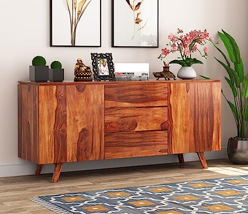 Image of Solid Sheesham Wood Wooden Sideboard Storage Cabinet : Ideal for Living Room and Bedroom with 3 Drawers and 2-Shelf Storage (Honey Finish)