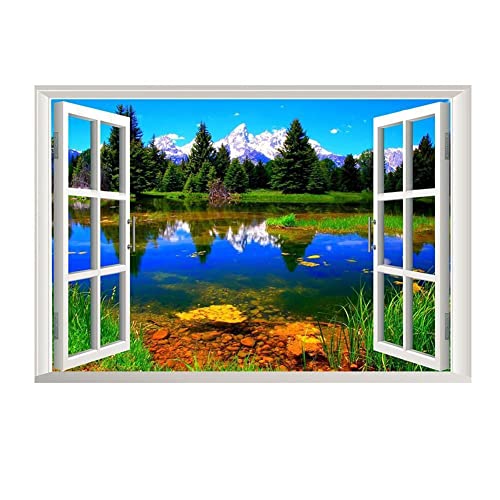 Lichi Vinilo adhesivo de pared extraíble 3D para ventana - Foto realista - Decoración mural para habitación infantil - Decoración de baño - Montaña nevada, bosque, árbol, río