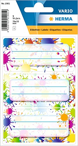 HERMA 1901 Buchetiketten zum Beschriften Farbkleckse, 9 Stück, 76 x 35 mm, selbstklebend, liniert, Buchaufkleber für Schule Kinder Mädchen Jungen, mehrfarbige Heftetiketten Aufkleber, bunt HERMA 1901 Buchetiketten zum Beschriften Farbkleckse, 9 Stück, 76 x 35 mm, selbstklebend, liniert, Buchaufkleber für Schule Kinder Mädchen Jungen, mehrfarbige Heftetiketten Aufkleber, bunt