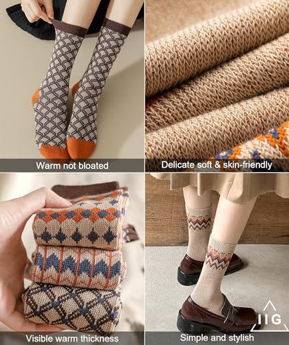 Image of IIG 3-5 Pairs Womens Vintage Cozy Crew Socks Soft Cute Neutral Cotton Socks Exquisite Patterns Socks Gift