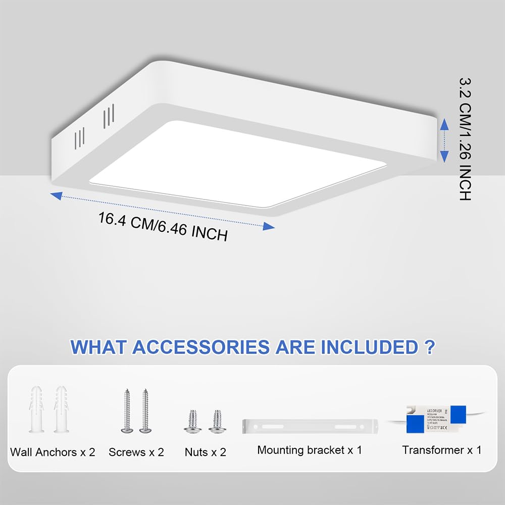 YELANGU LED Ceiling Light Square 12W 6.46" Ultra Flat, 6500K Cool White, Modern LED Panel, Non-Dimmable, for Hallway Kitchen Bathroom - Image 2