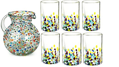 Hand Blown Mexican Drinking Glasses and Pitcher – Set of 6 with Mexican Confetti Design 14 oz each and Pitcher 84 Ounces by The Wine Savant