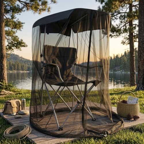 Housse en filet de chaise de pêche anti-insectes avec toit imperméable noir pour camping solo - 3