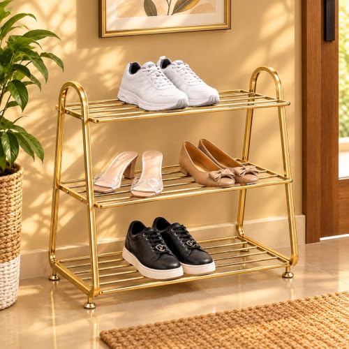 ARHAM ART 3 Tier Metal Shoe Rack for Home, Golden Shoe Organizer Stand for Entryway, Bedroom & Living Room, Space Saving Footwear Storage Rack