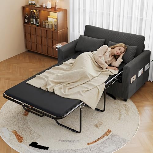 staronce Sofá cama de 2 plazas con USB y mesa plegable – Sofá de pana con función de dormir y cajonera | Sofá cama extensible para salón e invitados | Sofá cama con colchón y 2 sábanas, color gris