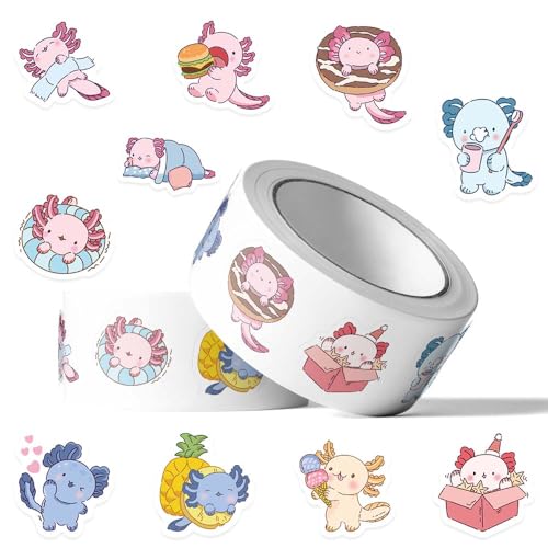 500Pcs Cute Axolotl Stickers Roll Kawaii Cartoon Axolotl Waterproof Stickers for Water Bottle Laptop Scrapbook Journal Vinyl Aesthetic Stickers for Adults Gift