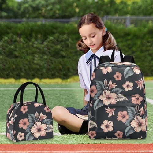 MCHIVER Black Hibiscus Flower School Backpacks for Boys & Girls Light Weight Bookbag set with Lunch Box Rucksacks for Work School 2 Pcs 16.5 Inch3
