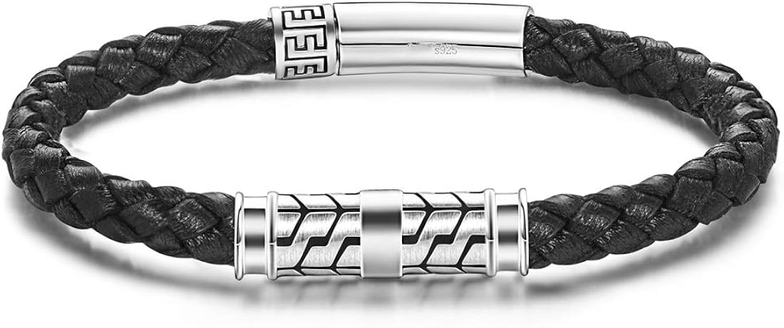 Carleen Destination - Pulsera de cuero genuino de plata de ley 925 para hombre cuerda trenzada dije energético botón de bloqueo aniversario día de