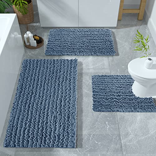 Yimobra Bathroom Rugs Sets 3 Piece, Fluffy Plush Chenille Baht Room Mats Set With Toilet Rug U Shaped, Shaggy Absorbent Non Slip Shower Rug For Sink, Laundry Room Mat, Machine Washable, Denim Blue #TOP7