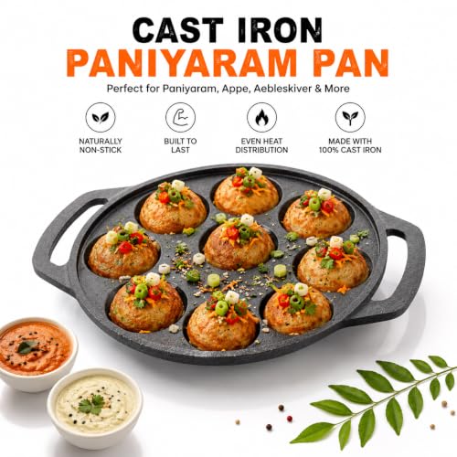 Image of Cast Iron 9 Cavity Paniyaram Pan | Pre-Seasoned Appam Patra, Kuzhi Paniyaram, Appe, Paddu, Ponganal, Litti & Pancake Maker | Naturally Non-Stick | Gas & Induction Compatible | 2 Side Handles (9 Pit)