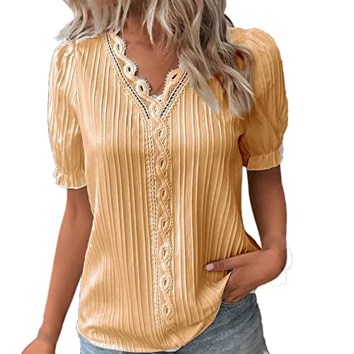 Ladies Summer Tops Oversized - Women's T-Shirt UK Petite Lace Short Sleeve Gauze Shirts Elegant Pleated Causal V Neck Plain Tee Shirts Going Out Tops Work Office Blouses Plus Size Gold