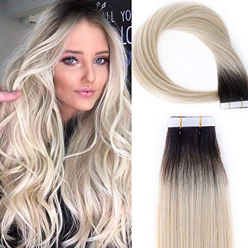 Lacerhair Natural Hair Remy Tape in Human Hair Extensions Dip Dyed Balayage #2/60 Darker Brown to Platinum Blond Seamless PU Skin Weft 100% Real Virgin Invisible Hair Double Side 50g 20pcs/set 14 inch