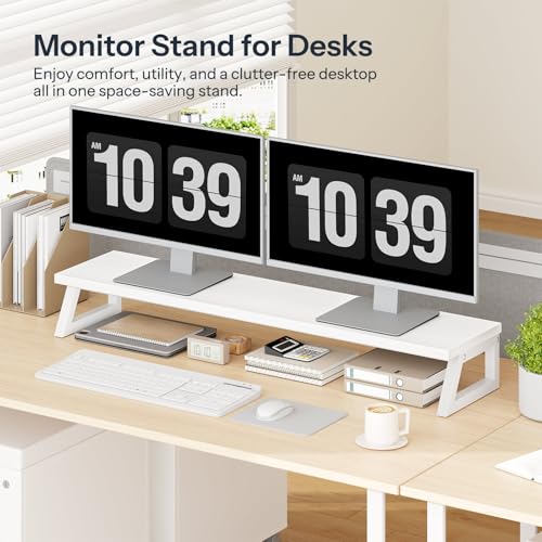 HOOBRO EWW121CJ01 Podwójny stojak na monitor, podstawka pod monitor na 2 ekrany, duży stojak na monitor 100 cm, organizer na biurko do biura, akcesoria, biały