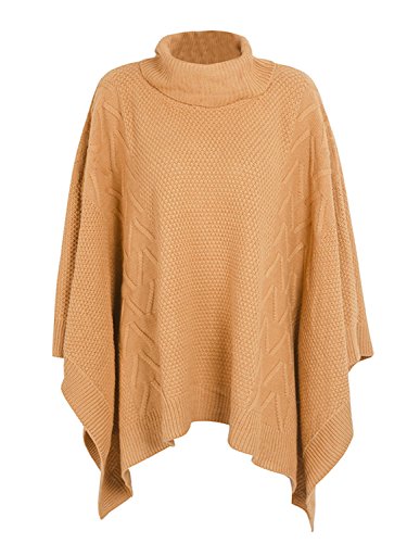 Berrygo Women's Chic Turtleneck Batwing Sleeve Asymmetric Knitted Poncho Pullovers Sweater Camel,One Size #TOP3