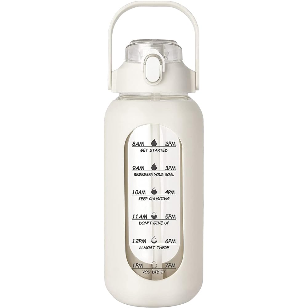 CTRLZS 64Oz Glass Water Bottles with Straw, Glass Bottle with Silicone Sleeve and Time Marker, for Gym Home White