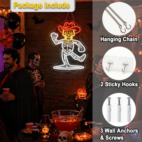 Image of Cowboy Skeleton Neon Sign for Wall Decor Skull Light Up Sign Hallowmas Led Signs for Room Party Home Wall Decor USB Powered