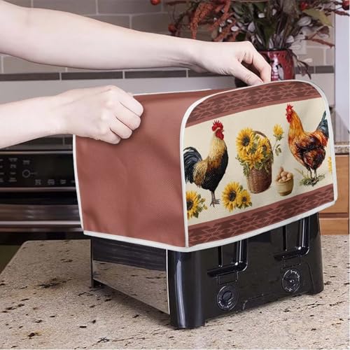 Image of Kitchen Toaster Dust Cover Bakeware Protector Compatible with 4 Slice Toaste Dust Protection Cover with Top Hook Rustic Rooster Sunflower Print