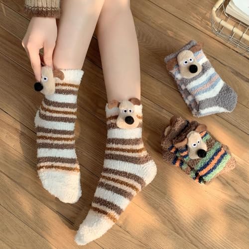 Image of 5 Pairs Fuzzy Socks for Women, Winter Thickening Coral Velvet Cozy Socks, Warm Home Sleeping Socks, Cute Animal Slipper Socks